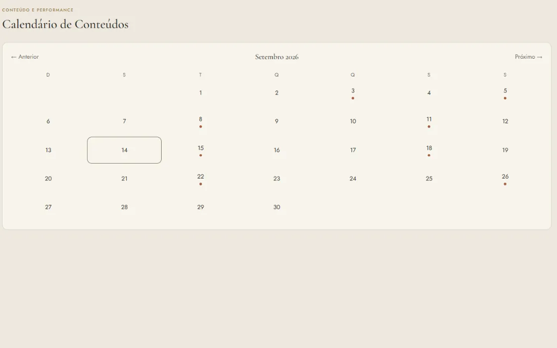 Calendário de conteúdos do hub4arch com os dias de postagem marcados no mês
